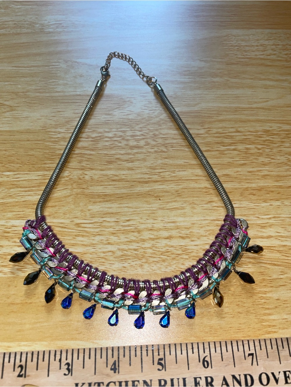 Purple and Blue Statement Bib Necklace with Light Gold Plated Chain
